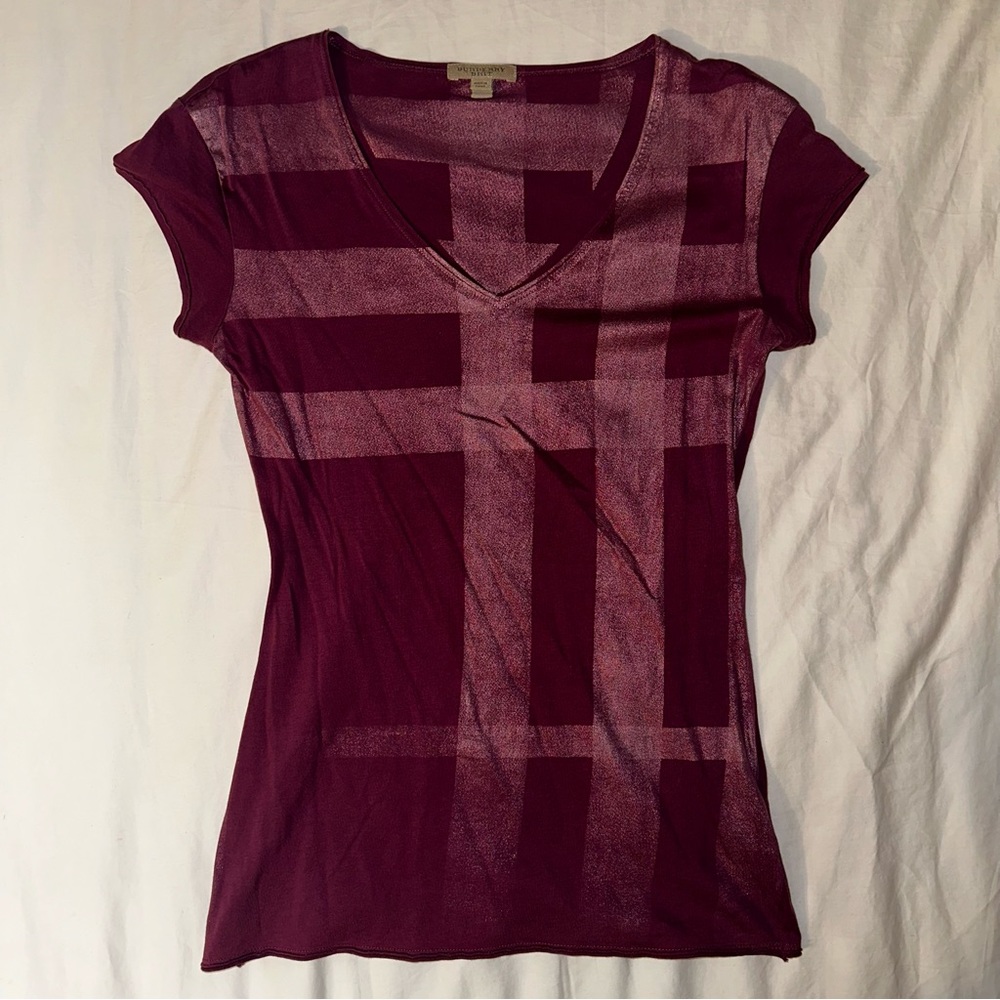 ♥️ RARE Burberry Brit Pink Metallic Nova Check V-Neck T-Shirt